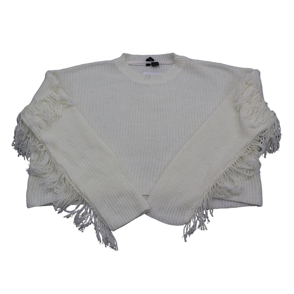 Free For All Sweater Womens XL White Fringe Long Sleeve Crew Neck Pullover
